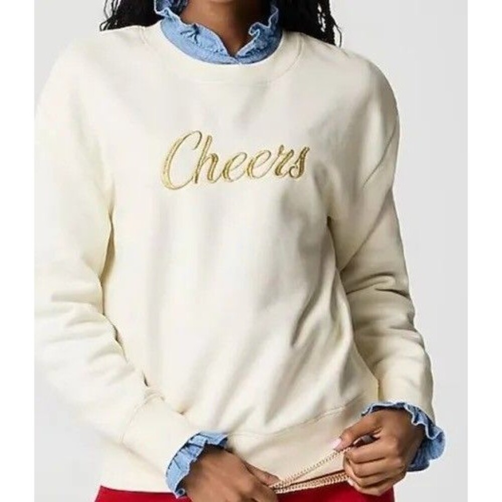 J.CREW "Cheers" Embroidered Crewneck Sweatshirt XS Ivory Gold Fleece NWT B38